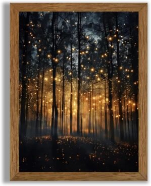 JLTULT Framed Enchanted Forest Firefly Canvas Wall Art, Dark ​Twilight Landscape Wall Decor, Rustic Botanical Nature Tree Art Prints for Bedroom Living Room Office Decoration 8×10 inch Easy to Hang