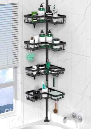 DAOYA Corner Shower Caddy Tension Pole – 4 Tier Stainless Steel Rustproof Shower Corner Caddy for Bathtub Bathroom Shower Organizer Shelves Adjustable Pole 25-114.2 Inch Black