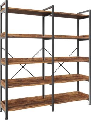 Huuger 5 Tier Bookshelf, Display Bookshelf with 10 Open Shelves and Raised Baffle, 47.2 Inch Straight Wide Bookcase with Metal Frame and Wooden Board, Adjustable Feet, Rustic Brown