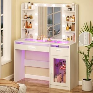 HUAHUU Vanity Desk with Mirror and Lights, Makeup Vanity Desk with Lights 3 Colors, Transparent Top Vanity with 2 RGB Drawers, 6 Shelves, Large Tempered Cabinet, Power Outlet, for Bedroom, White