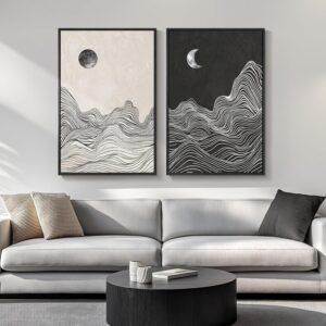 Large Framed Black and White Abstract Wall Art for Living Room, Set of 2 Modern Canvas Prints Paintings Artwork for Walls, Abstract Mountain and Moon Pictures for Bedroom Hallway Wall Decor 24×36 In