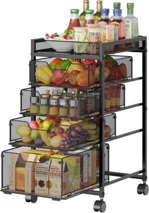 keomaisyto 5-Tier Kitchen Storage Cart with Top Basket & Drawers, Fruit and Vegetable Storage Rack on Wheels, Metal Rolling Cart with Drawers & Kitchen Organization for Snacks, Potatoes, Onions, Cans