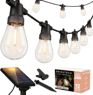 Brightech Ambience Pro Solar Powered Outdoor String Lights -27 ft Commercial Grade Waterproof Edison Patio Lights, Shatterproof LED String Lights for Outside, Porch – 12 Bulbs, 1W Soft White