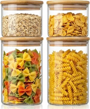 32oz & 21oz – 4 Pack Glass Jars with Bamboo Lids, Glass Pantry Storage Containers with Airtight Lids, Round Air Tigh Food Storage Canisters for Cereal, Pasta, Flour, Sugar, Best for Kitchen Organizer