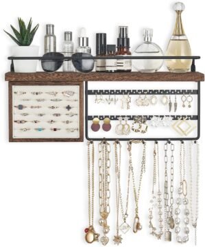 Mkono Hanging Jewelry Organizer Wall Mounted Jewelry Organizer Necklace Holder with Rustic Wood Shelf, Ring Display Box, Ear Studs Earring Holder Bracelet Organizer (Brown)