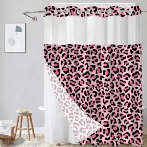 Leopard Print Shower Curtain Set with See-Through Top, Hookless Shower Curtains with Snap in Liner, Luxurious Cheetah Fabric – Waterproof Bathroom Decor for Hotel and Home, 72W x 75L, Pink