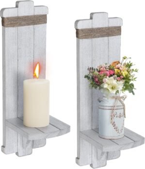 Alphatool Handmade Wooden Candle Sconces Set of 2 Farmhouse Wall Decor | Vintage Bedroom Livingroom Home Hanging Art Decorations Accessories Gifts, Grayish-White