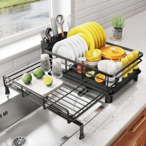 SNTD Dish Drying Rack – Extendable Dish Rack, Large Sink Drying Dish Drainer for Kitchen Counter, Stainless Steel Dish Strainer with Utensil Holder (Black)