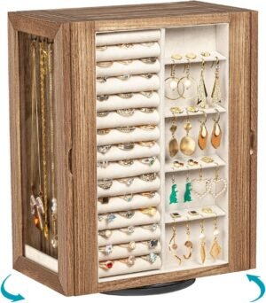 Emfogo 360° Rotating Jewelry Box for Women, Rustic Wooden Jewelry Organizer Box with 5 Drawers, Glass Doors, Vertical Open Design Jewelry Storage Case Display for Earrings Rings Necklaces Bracelets
