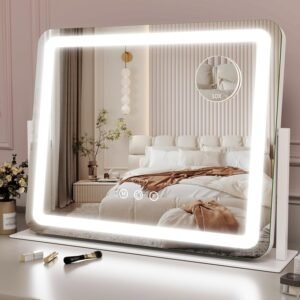 ROLOVE Large Vanity Mirror with Lights, 22″x17″ Lighted Makeup Mirror for Desk, 3 Color Dimmable LED Lights, Smart Touch Control & 360° Rotation Tabletop Dresser Mirror (White)