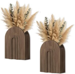2 Pack Wood Wall Vase Natural for Pampas Grass & Dried Flowers, Rustic Farmhouse Decor for Bathroom Living Room Bedroom, Wooden Wall Planter
