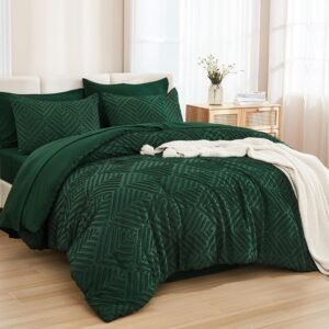 Andency King Size Comforter Set 7 Pieces Dark Emerald Green – Bed in a Bag King Boho Lightweight Fluffy Tufted Bedding Comforter Sets with Quilt Comforter, Sheets, Pillowcases & Shams