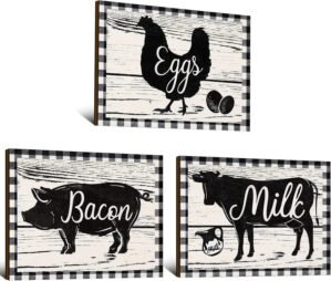 Jetec 3 Pieces Wooden Farmhouse Wall Decor Cow Pig Chicken Kitchen Signs Rustic Black and White Buffalo Plaid Wall Art Farm Animal Plaque for Kitchen Home Decor, 7.9 x 5.9 Inch