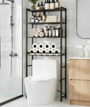 4-Tier Over-the-Toilet Storage Rack with One-Piece Wooden Shelves & Open Net Basket, Bathroom Organizer with Adjustable Feet & Anti-Tip Kit, Space-Saving Toilet Shelf, Black, 24.4″ x 9.4″ x 69.3″