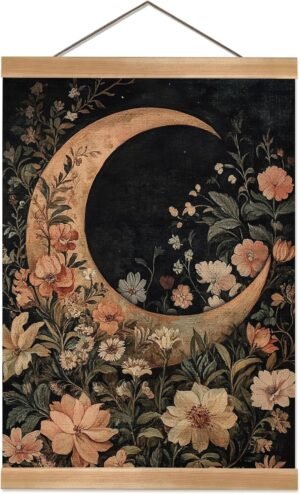 ZTGDA Moon Wall Art Decor Vintage Hanging Wall Painting Abstract Poster with Wood Frame, Boho Wall Decor,Mystical Celestial Floral Poster for Bedroom, Home or Office (Moon)