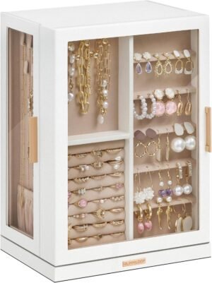 Glimmloop 360° Rotating Jewelry Box with 7 Drawers, Spacious Vertical Jewelry Organizer with Glass Window, Jewelry Storage Case, Dustproof & Moisture-resistant Design, White