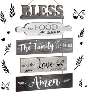 Geetery Bless The Food Before Us Wall Decor Farmhouse Kitchen Decor Rustic Dining Room Wall Art Vintage Country Wooden Hanging Sign(Farmhouse Gray)
