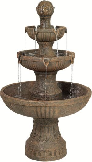 Ravenna 43″ High Large Italian Indoor Outdoor Decor Faux Stone Floor Fountain Standing Waterfall 3-Tier Basin Tall Water Feature for Outside Garden Patio Yard Backyard Porch Deck – John Timberland