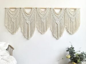 Extral Large macrame wall hanging, 71” W x 32” L boho wall art tapestry wall decor for urban entryway,living room,bedroom decor, headboard woven wall art, big fiber art over couch art for Yarn hallway (Wood Bead-B)
