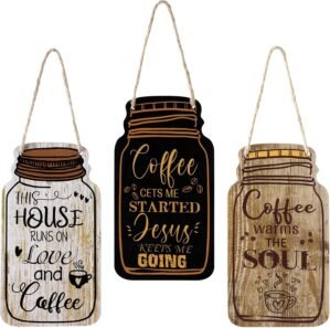 Jetec 3 Pcs Coffee Bar Decor Sign Mason Jar Wall Hanging Plaque Farmhouse Kitchen Decor Wooden Coffee Sign for Kitchen Home Living Room Wall Decorations(Simple Style)