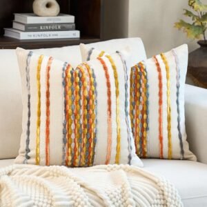 Aeckself Boho Pillow Covers 18×18 Inch Set of 2, Farmhouse Decorative Striped Square Chenille Tufted Accent Neutral Throw Pillow Covers for Living Room Couch Bed, Yellow Orange