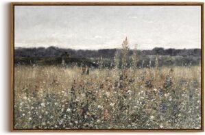InSimSea Framed Canvas Wall Art Vintage Decor, Large Wall Art, Meadow with Flowers Landscape Wall Art Prints, Modern Farmhouse Cottagecore Bedroom Bathroom Office Decoration, 20″x30″