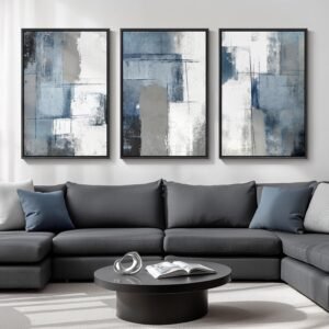 Large Framed Blue and Grey Abstract Wall Art for Living Room, 3 Piece Modern Canvas Prints Paintings Artwork for Walls, Minimalist Abstract Pictures Wall Decor for Hallway Office Bedroom 24×36 In