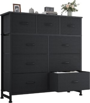 OLIXIS 9 Drawers Storage Organizers Units, Closet Organizers and Storage for Clothes, Fabric Storage Drawer for Living Room, Chest of Dresser in 39.4″ D x 11.8″ W x 39.9″ H, Black