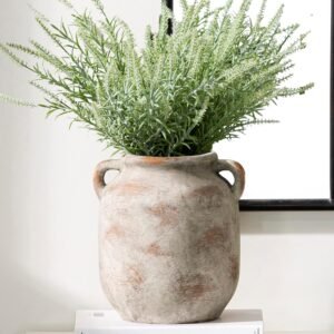 Ceramic Flower Vase Home Decor – Farmhouse Rustic Table Vases with Handle Living Room Decoration Decorative Vintage Pottery for Kitchen Shelf Coffee Dining Bookshelf Fireplace Centerpiece (7.6″ Retro)