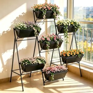 Raised Garden Bed Tiered Vertical Garden Planters Outdoor 7 Planter Boxes with Legs Indoor Elevated Herbs Flowers Vegetables Garden Box for Backyard Patio Balcony, Black