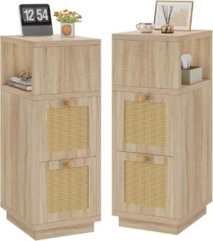 YMYNY Rattan Nightstands Set of 2, Boho Bedside Table with Open Shelf, 2 Drawers, 9.45″ x 11.42″ x 25.59″, Narrow Side Table, Bedside Cabinet for Bedroom and Small Spaces, Natural UHST017N-2