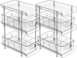 2Set 3 Tier Clear Bathroom Organizer with Dividers, Pull-Out Pantry Organization and Storage, Multi-Purpose Under Sink Organizers and Storage, Vanity Skincare Cosmetic Closet Organizer Medicine Bins
