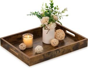 Hanobe Brown Decorative Serving Trays: Rustic Brown Rectangle Tray Decor with Cutout Handles for Coffee Table Ottoman Living Room Kitchen Home Decor