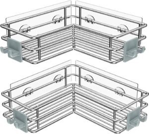 Nieifi Corner Shower Shelves Stainless Steel, Adhesive Shower Caddy Basket Rack with Hooks, Rust Proof for Bathroom Shelf Shampoo Holder (Silver, 2 Pack)