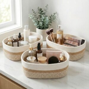 Beautiful Storage Basket Set of 3 – Sturdy Jute Rope Baskets for Shelves Are Perfect for Organizing Your Home – Quality Storage Bins Easily Fit With Any Nursery or Bedroom Decor