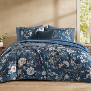 CASAAGUSTO Queen Comforter Set – 7 Pieces Blue Floral Bedding Sets, Queen Bed in a Bag with Botanical Butterfly Comforter, Sheets, Pillowcases & Shams for All Seasons