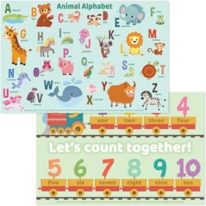 Bright Seed Disposable Placemats for Baby, Toddlers and Kids, 40 Disposable Baby Placemats for Restaurant, Dining Table & Travel, Learning Placemats for Kids, Toddler Travel, Animals ABC & Numbers