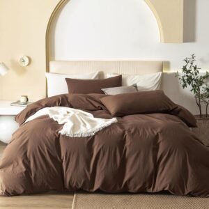 JIYUAN Queen Size Duvet Cover Set, 3-Piece – 100% Washed Cotton, Linen-Like Soft & Breathable with Zipper Closure, Includes 90×90 Inch Cover & 2 Pillowcases, Solid Chocolate Brown