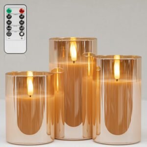 ANGELLOONG Gold Candles for Bathroom Decor, Glass Flameless Candles with Remote, Battery Operated LED Pillar Fake Candles with Timer for Christmas Home Fireplace Mantle Fall Decor