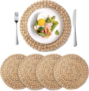 Round Woven Placemats Set of 4, Natural Water Hyacinth Place Mats, Boho Wicker Placemats, Table Mats for Dining Table (13.8 inch) by YANGQIHOME