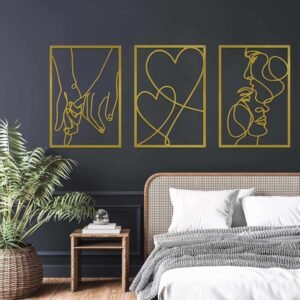 3 Pieces Metal Minimalist Line Wall Art, Valentine’s Day Lover Kiss Hand Metal Wall Decor, Aesthetic Modern Home Hanging Wall Art Decor for Bedroom Bathroom Living Room (Gold)