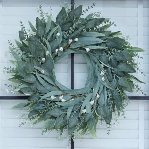 26″ Eucalyptus Wreath for Front Door – Large Artificial Greenery Outdoor Wreath for Porch, Window,Farmhouse,Home,Holiday,Hanging Decor- Spring, Summer, Fall, All Seasons (Green)