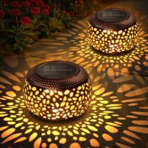 Solar Lanterns Outdoor Waterproof: 2 Pack Hollowed-Out Retro Metal Lantern Lights – Solar Lantern Decorative – Gifts for Women Mother’s Day, Outside Garden Yard Patio & Indoor Tabletop Decor
