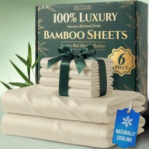 DECOLURE 100% Viscose Derived from Bamboo Sheets Queen Size – Luxury 6 Pc Naturally Cooling Sheets, Ultra Soft Bed Set – Deep 17″ Pockets, Durable Double Stitching, Oeko Tex Standard (Creme)