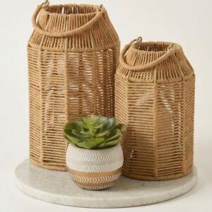 Natural Jute Boho Lanterns – Handcrafted Coffee Table Decor to Enhance Your Home – Modern Decorative Farmhouse Beauty for Living Room, Patio & Front Porch, Indoor and Outdoor or Kitchen Dining Table