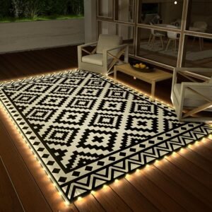 HAUSHOF 5’X8′ Outdoor Rug Waterproof with LED Strip Light, Reversible Outdoor Plastic Straw Rug, Patio Rug with 4 Rug Stakes, Outdoor Carpet Mat for RV, Camping, Beach, Porch, Balcony, Black&White