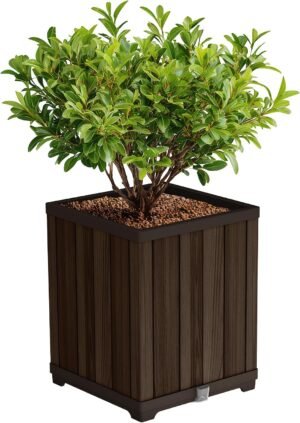 Keter Signature 21.6 Inch Tall Square Large Wood Look Planter for Indoor or Outdoor Flower Pot Ideal for Patio Deck and Front Porch Decor, Rosewood