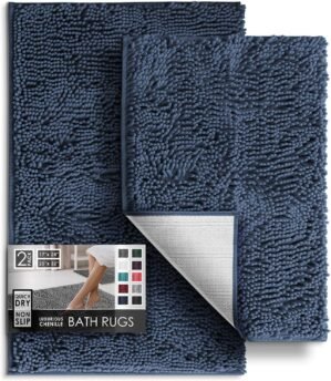Hearth & Harbor Bathroom Rugs, Chenille Bath Mat – Machine Washable Bath Mats for Bathroom Non-Slip Backing Rubber, Quick Dry Bathroom Mat