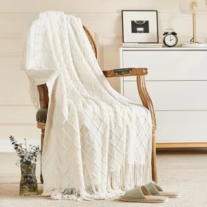 inhand Knitted Throw Blanket for Couch and Bed, Soft Living Room Home Decor Knitted Blanket with Tassel, Outdoor Lightweight Breathable Summer Blanket, Farmhouse Warm Woven Decorative, 50″x60″