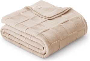 Whale Flotilla Checkered Knit Throw Blanket for Couch, Soft Decorative Knitted Blankets for Sofa Bed, Lightweight Cozy Throws for Spring Summer, 50×60 Inch, Camel